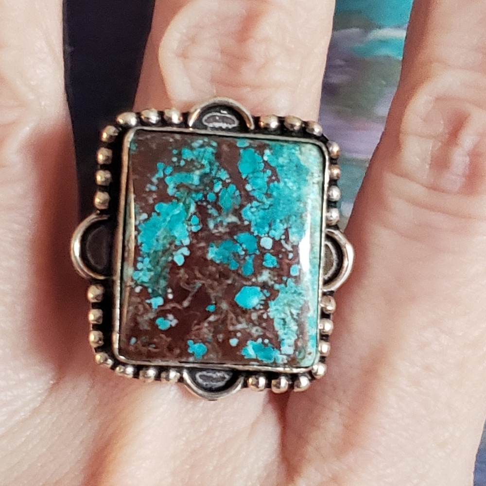 NWOT Turquoise Chrysocolla & Silv Ring, Lg Square Stone, Handmade, Sz 6, Vivid!